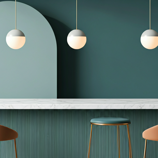 Modern boutique cafe with marble countertop, designer stools.